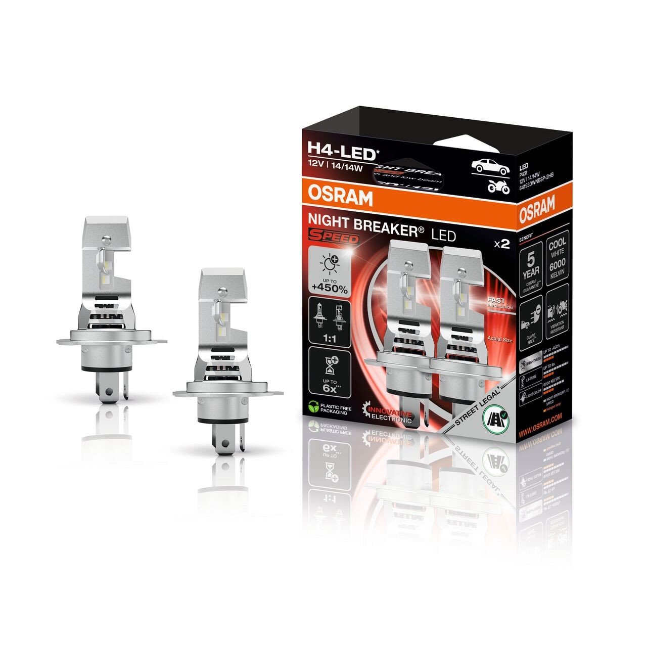 H4 NIGHT BREAKER LED SPEED 450 StVZO-Konforme LED-Nachrüstlampe 2St. OSRAM