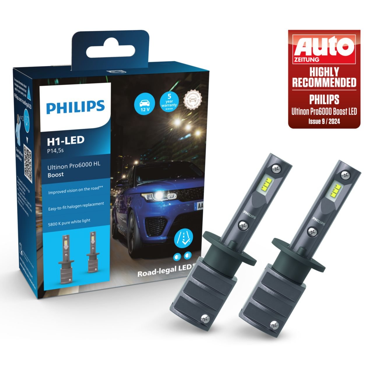 H1 12V 13W Ultinon Pro6000 Boost 5800K +300% mit Straßenzulassung 2St. Philips